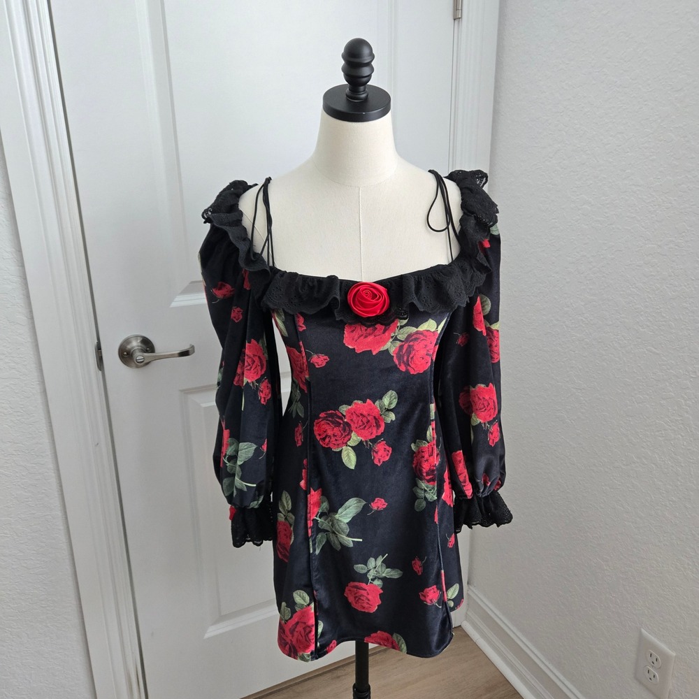 For Love & Lemons Yara Printed Velvet Mini Dress Black Red Rose Lace Ruffle - Picture 2 of 9